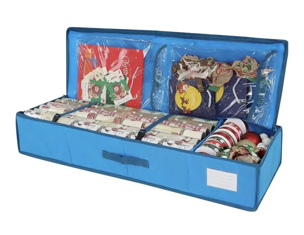 Blue Wrapping Paper Storage Bag Holds 24 Rolls 3 Compartments Handle Label Slot